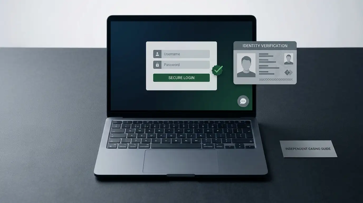 Neutral account-security scene with an abstract identity document, verification tick and laptop login panel without personal data
