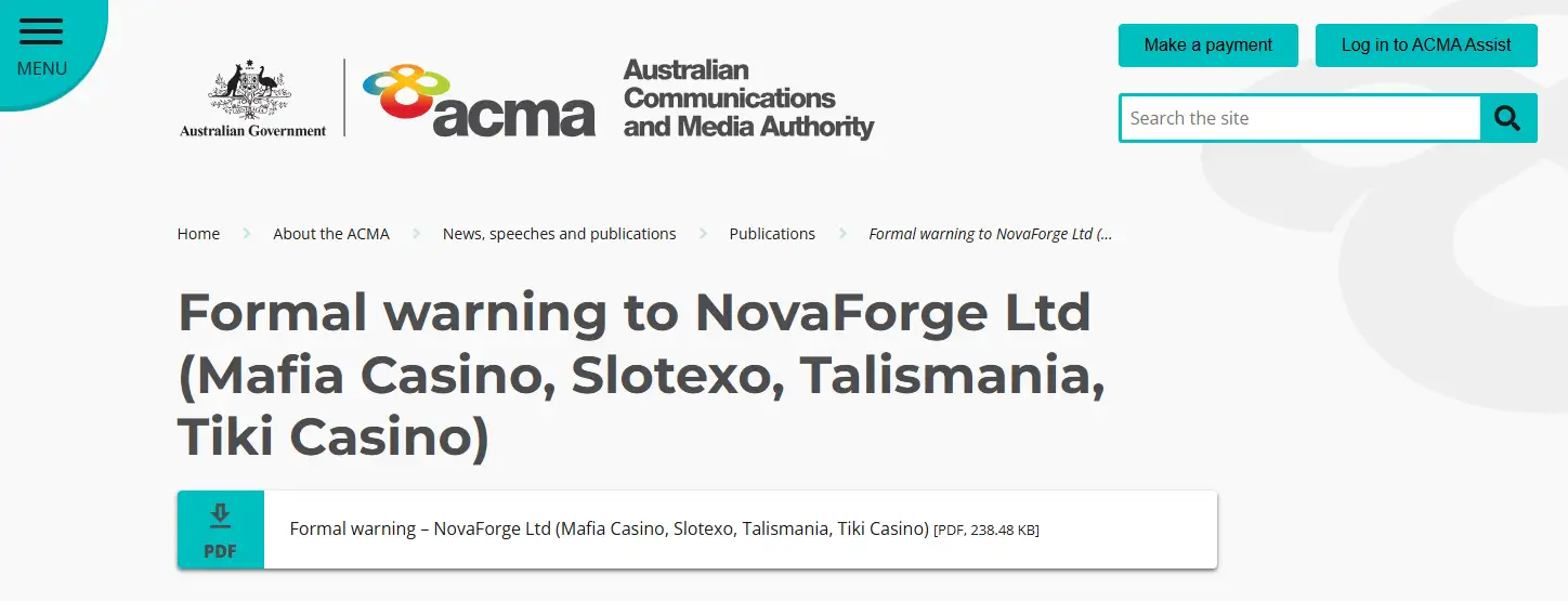 ACMA formal warning page concerning NovaForge Ltd and Mafia Casino