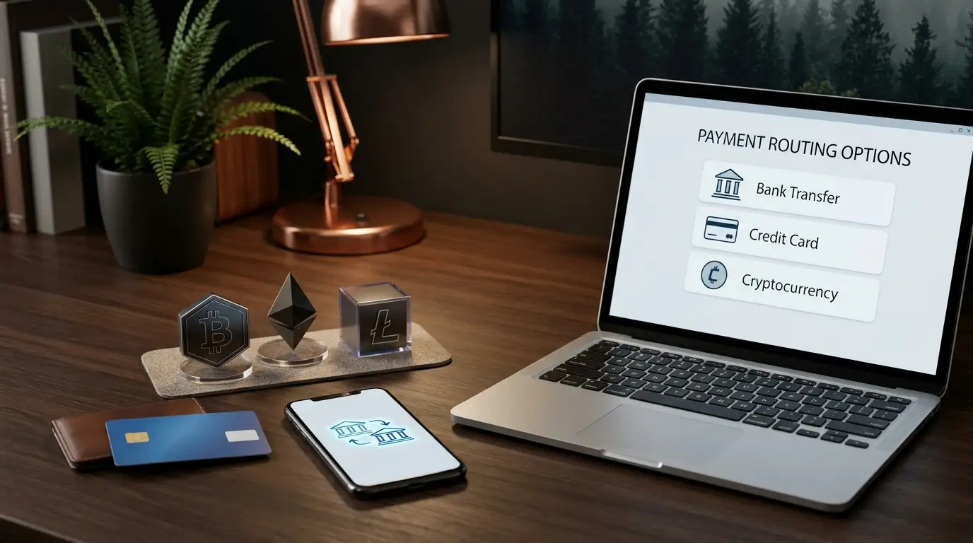 Phone and laptop displaying a neutral payment-routing scene with cards, bank transfer and cryptocurrency symbols