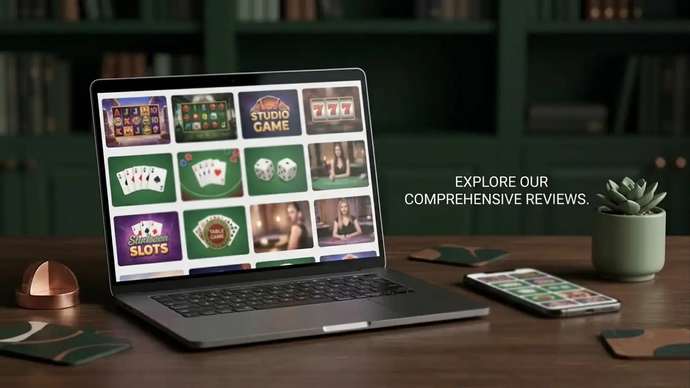Neutral game-library scene showing abstract slot reels, table-game layouts and live studio screens on a laptop and phone
