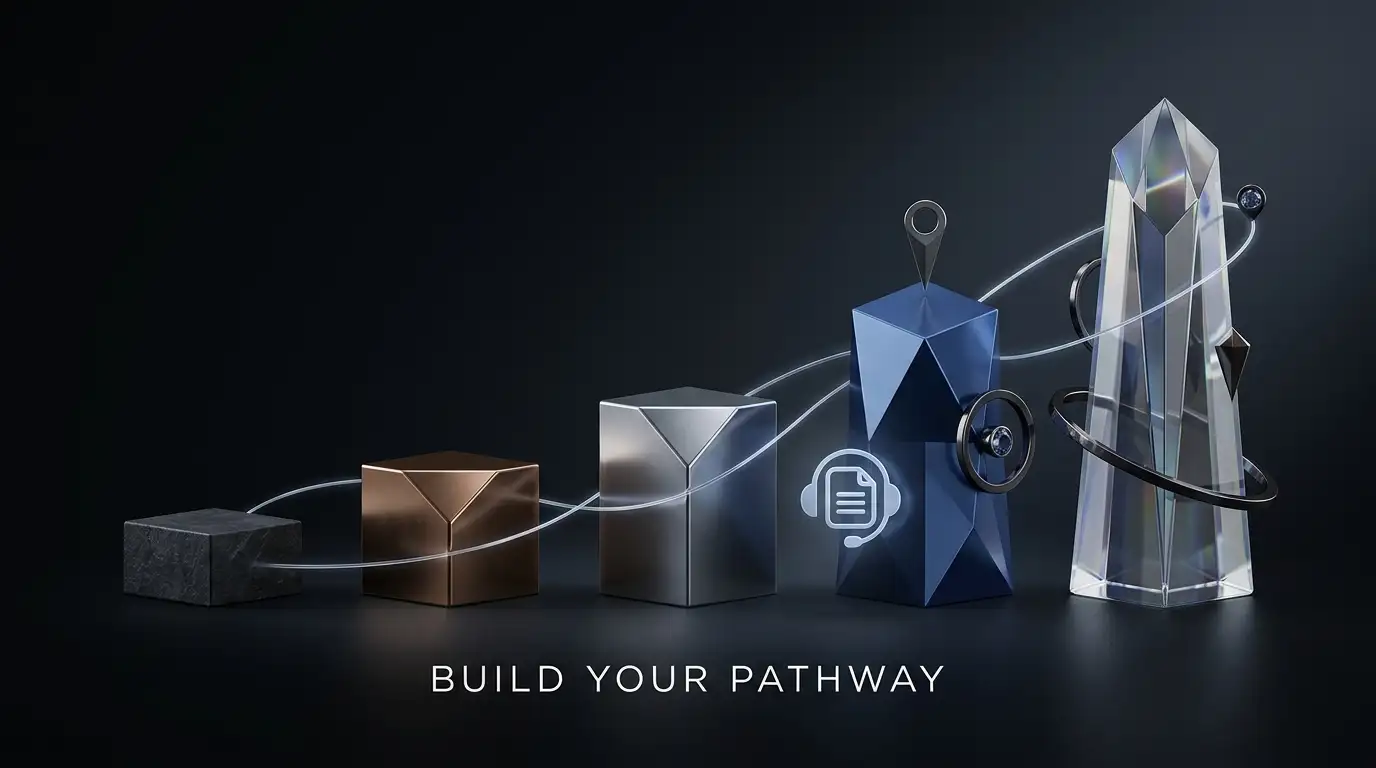 Abstract five-stage loyalty progression with connected markers and a discreet service symbol on a dark background