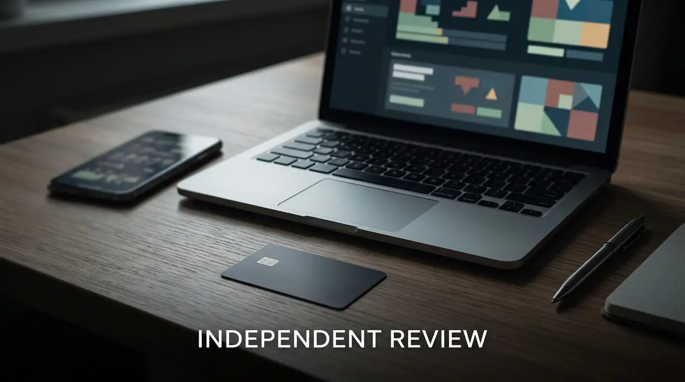 Dark editorial desk scene with a laptop, payment cards and abstract casino interface shapes